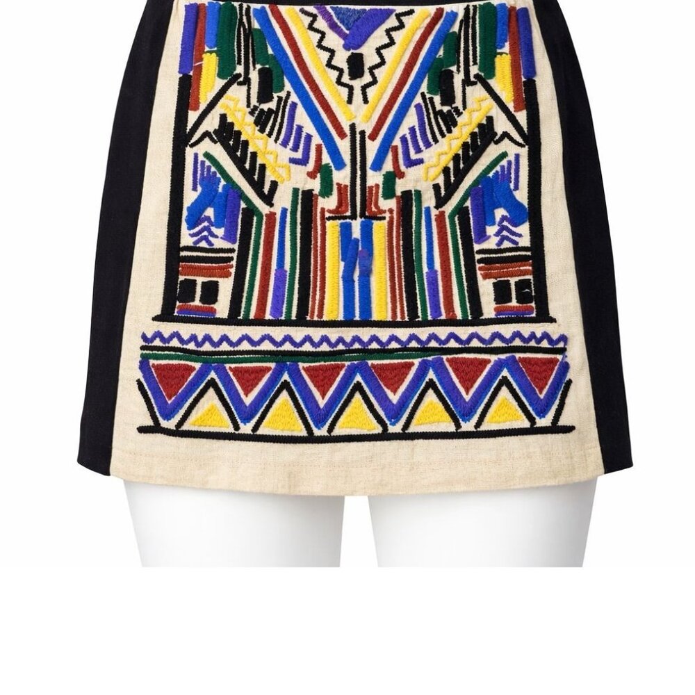 Zara Medium Multicolor Art Deco Aztec Boho Embroidered Mini Skirt New
